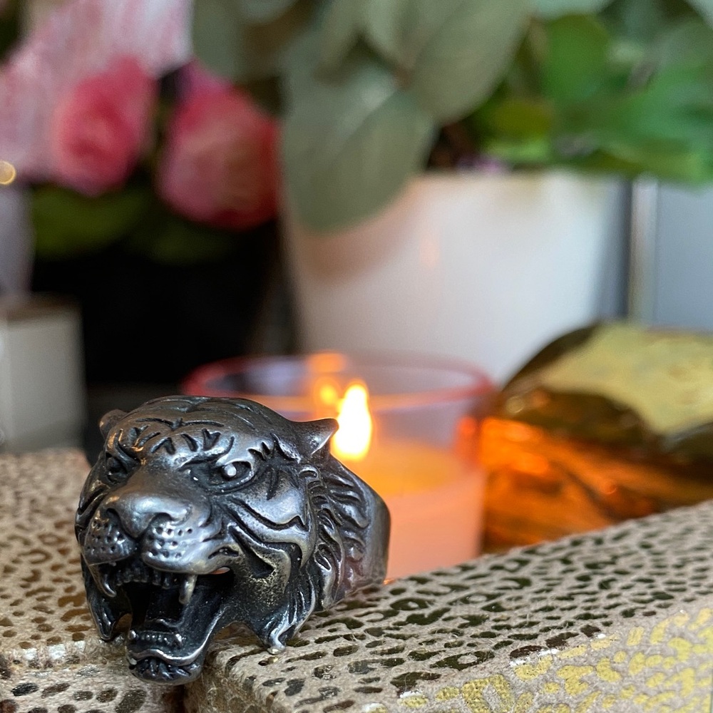 Gothic Silver Tiger Head Ring Size 12 - Picture 3 of 7